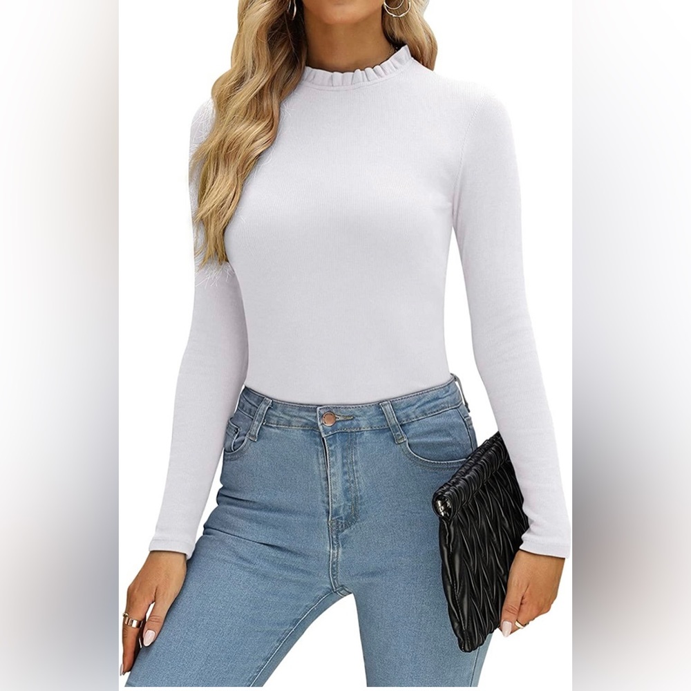 Womens Long Sleeve Ruffle Mock Neck Bodysuit Jumpsuit Tops Business Casual - NWT